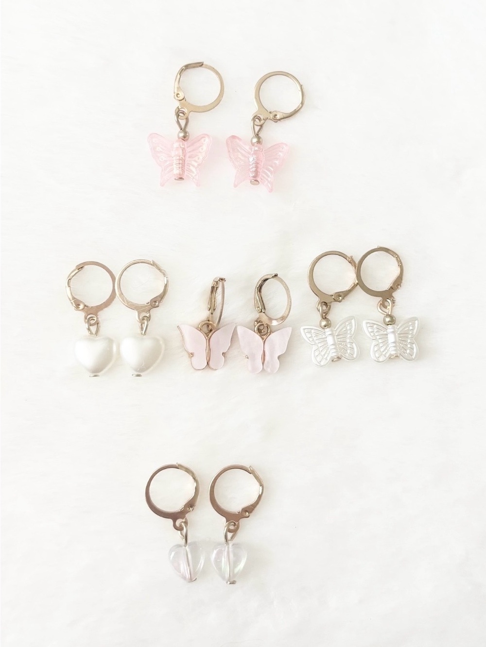 Bundle of Pink and White Butterfly & Heart Dangle Earrings